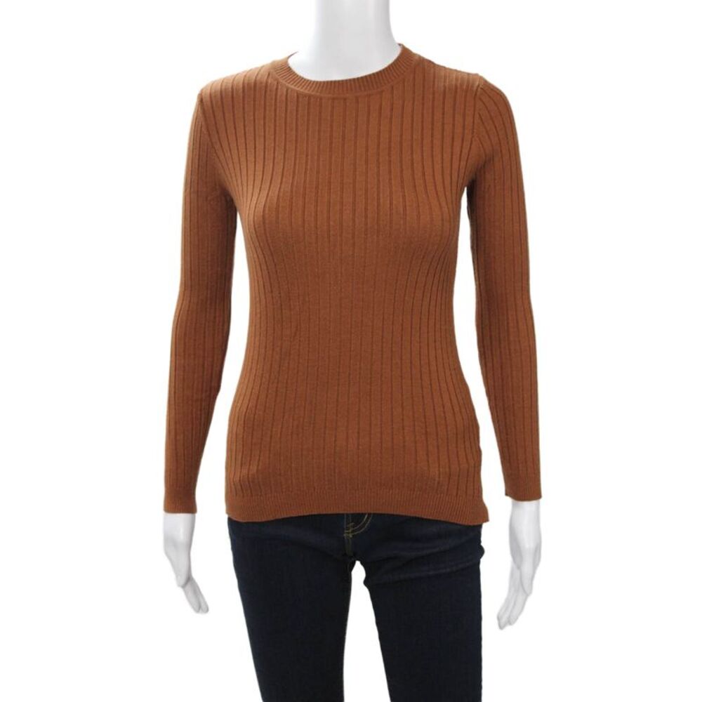 Beige Women Brown Striped Crew Neck Pullover Sweater Viscose Blend Size S